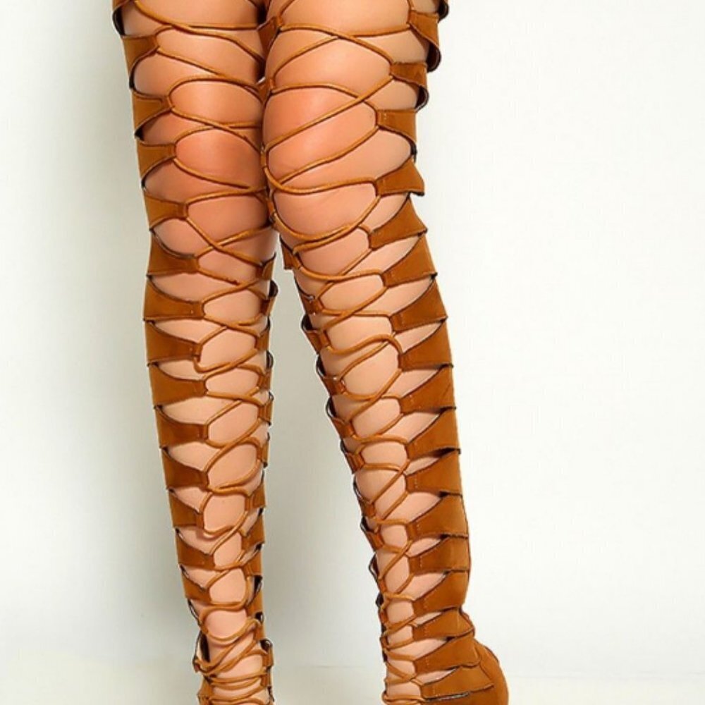 Tan Suede Lace Up Thigh High Boots Faux Suede - Picture 4 of 7